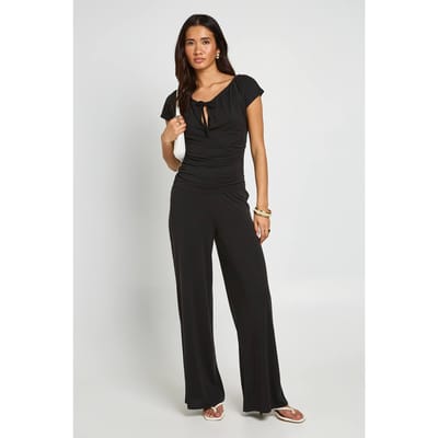 boohoo Dames Modal Top Met Striksleutelgat En Wijde Pijpenbroek Coordinatenset | Zwart | Maat: 34
