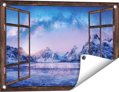 Gards Tuinposter Doorkijk Melkweg bij de Besneeuwde bergen - 60x40 cm - Tuindoek - Tuindecoratie - Wanddecoratie buiten - Tuinschilderij