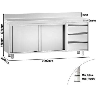 GGM Gastro Edelstahl Arbeitsschrank PREMIUM - 2000x600mm - mit 3 Schubladen rechts & Aufkantung Zilver