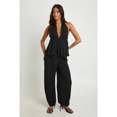 boohoo Dames Getextureerde Gedrapeerde Plunge Top En Ballonbroek Coordinatenset | Zwart | Maat: 34