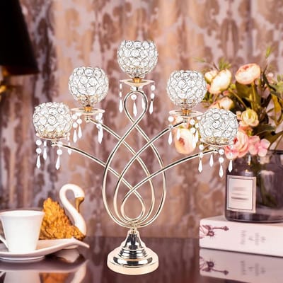 Kristallen Kandelaar - Decoratieve Standaard - Feestelijke Decoratie - 5 Armen Kristal - 62cm Hoog - Goud