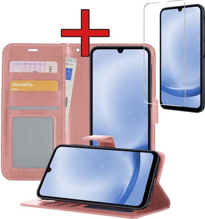 Hoesje - Met Screenprotector - Geschikt voor Samsung Galaxy A25 - Luxe Pasjeshouder - Flipcase - Bookcase Portemonee - Flip Case - Kunstleer Book Case - Book Cover - Walletcase - Portemonneehoes - Telefoonhoes - Rosé goud