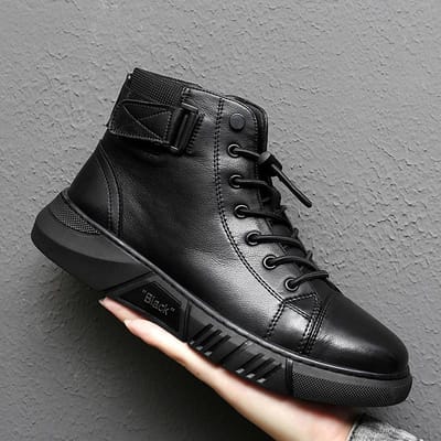 Bottines Hommes Noir Pu Cuir Chaussures Automne Hiver Confortable Plate-Forme Chaussures Décontractées Haut-Top Mode Bottes En Cuir Homme 41 black