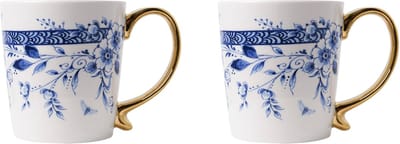Heinen Delfts Blauw mok met oor bloemen set van 2 met gouden oor - 300 ml