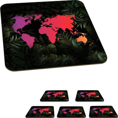 Onderzetters voor glazen - Wereldkaart - Kleuren - Bladeren - 10x10 cm - Glasonderzetters - 6 stuks