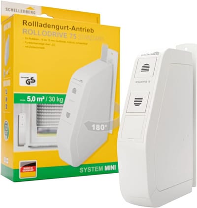 Schellenberg 22575 Elektrische bandoproller ROLLODRIVE 75 STANDARD, voor rolluiken tot 5 m², 30 kg trekkracht, 180 graden draaibaar, complete set inclusief stekker en timer