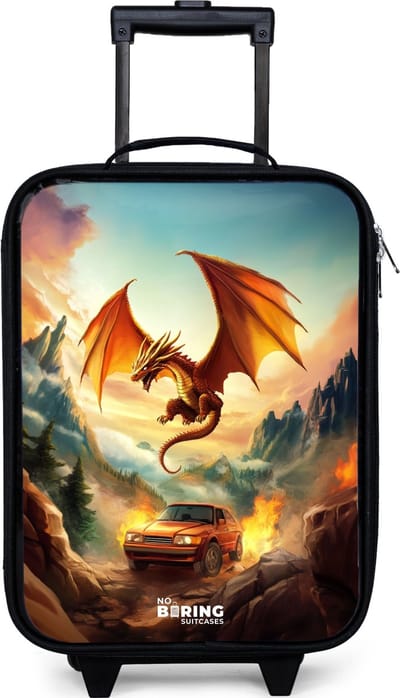 NoBoringSuitcases.com® - Kinderkoffer jongen - Kindertrolley meisje - Vliegende draak boven vurige bergweg - Koffer kind lichtgewicht - Reiskoffer trolley voor kinderen - Koffertje met lichtgevende wieltjes - Rolkoffer zwart