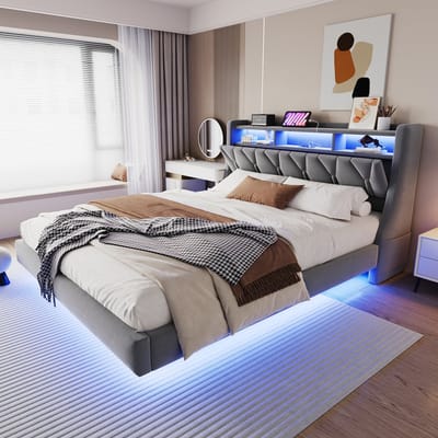 MODENUIT Gestoffeerd Bed 180x200 cm – Zonder Matras – Hoofdbord met Led, Laadpoorten en Opbergruimte – Fluweel – Grijs