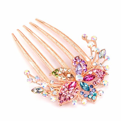 Goudkleurige haarspeld haarclip dames met bloem design en multicolor strass stenen decoratief haar accessoire met kam vorm en sierlijke details