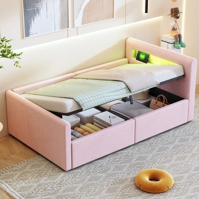 DESMIU Gestoffeerd Kinderbed 90x200cm - Kinderbed Met Led Verlichting, Nachtlamp En Oplaadpoort - Verplaatsbare Opbergruimte - Voor Jongens En Meisjes - Fluweel - Roze - Zonder Matras