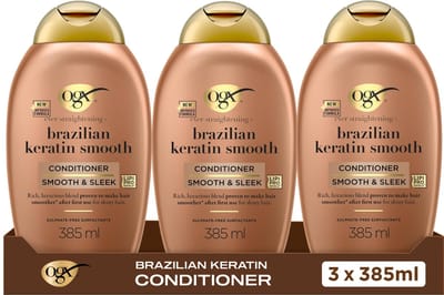 OGX Conditioner Brazilian Keratine Smooth, Kokosolie & Keratine, Anti-Pluis & Glans, Voor Krullend of Golvend Haar, Sulfaatvrij, Verstevigt & Verzacht, 3x385 ml