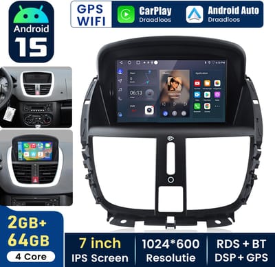 Hexinex Quad-Core autoradio Geschikt voor Peugeot 207 (2006-2015) - Draadloos CarPlay, Android Auto, GPS Navi, Android 15, multimediaspeler, 2GB+64GB