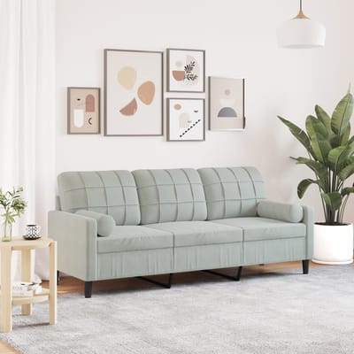 vidaXL - Driezitsbank - met - sierkussens - 180 - cm - fluweel - lichtgrijs