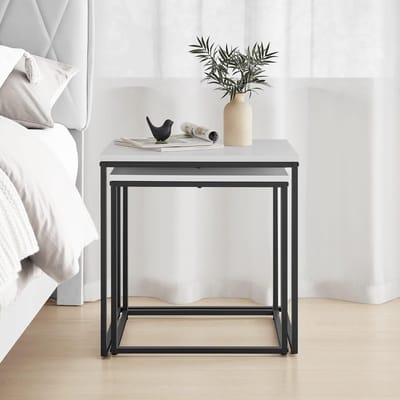 Salontafelset van 2, vierkante bijzettafel, loftdesign, 2-in-1 nestbaar, krasbestendig oppervlak, woonkamer | 50 cm en 45 cm breed, wit met zwarte poten