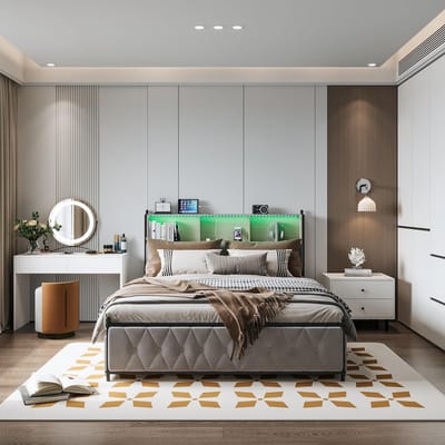Gestoffeerd tweepersoonsbed - Luxe bedframe - Slaapkamer opbergen - Geïntegreerde verlichting en laders - 140 x 200 cm - Beige