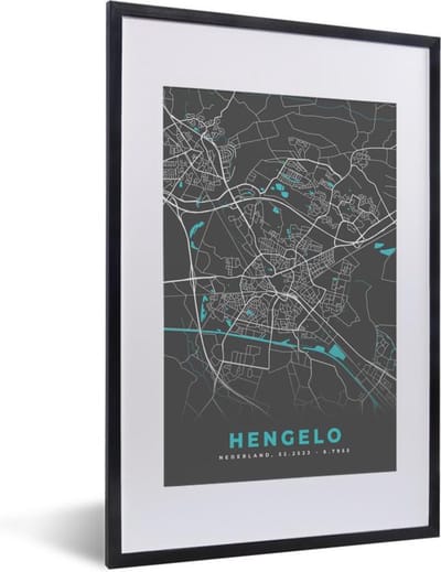 Fotolijst incl. Poster - Plattegrond - Hengelo - Grijs - Blauw - 40x60 cm - Posterlijst - Stadskaart