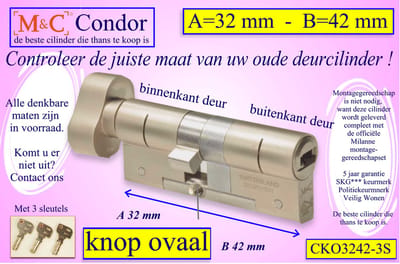 M&C Condor high security deurcilinder met Knop OVAAL 32x42 mm - SKG*** - Politiekeurmerk Veilig Wonen  -  inclusief gereedschap montageset