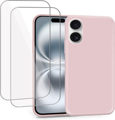Geschikt voor Apple iPhone 16 - Hoesje + 2x Screenprotector – Gehard Glas Cover - Suède Case Rose