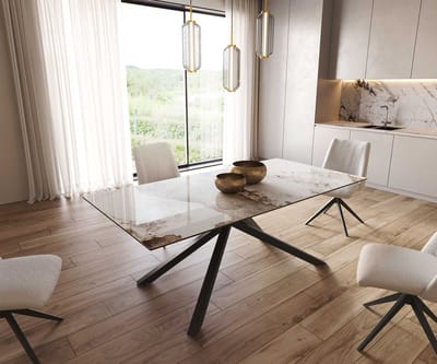 Eetkamertafel Edge keramiek Minas Melange wit-beige 200x100 kruisframe rechthoek zwart