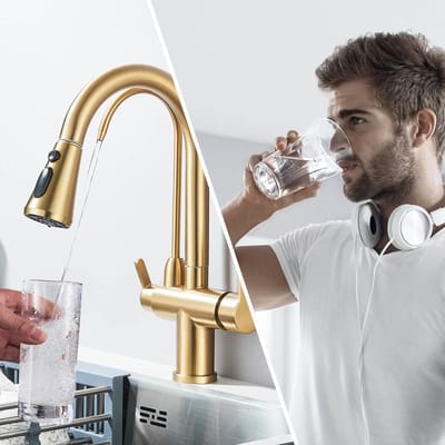 Gouden 3-in-1 Keukenkraan met Drinkwaterfunctie & Uittrekbare Douche - Mat Goud, 3 Wegs Waterkraan 360° Draaibaar