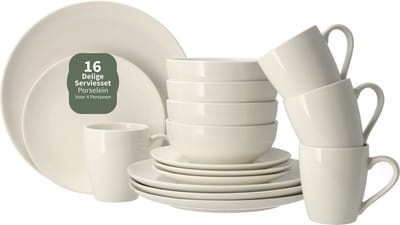 Serviesset 16-Delig Wit – Porseleinen Servies 4-Persoons – Complete Bordenset met Dinerborden, Ontbijtborden, Kommen en Mokken – Magnetron en Vaatwasser Bestendig
