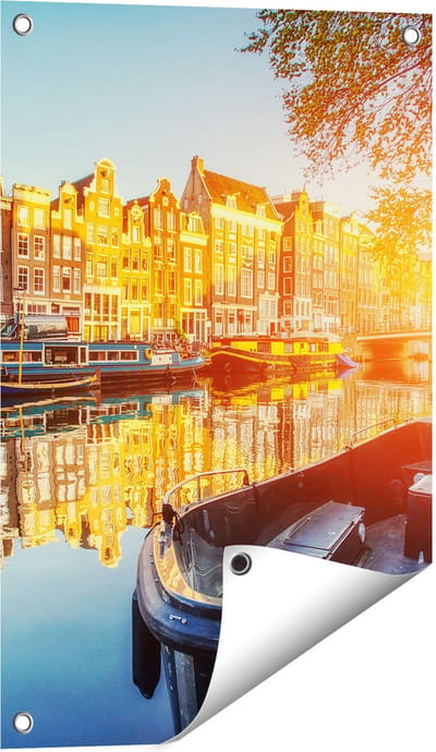 Gards Tuinposter Amsterdamse Brug - Gracht - met Bloemen - 40x60 cm - Tuindoek - Tuindecoratie - Wanddecoratie buiten - Tuinschilderij