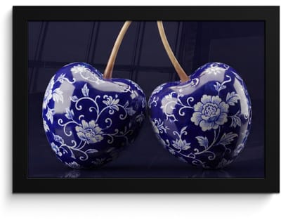 Poster in lijst - Fotolijst 30x20 cm - Posters - Porselein- Kersen - Delfts - Blauw - Posterlijst zwart - Decoratie - Wanddecoratie woonkamer - Muurdecoratie slaapkamer