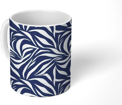 Mok - Koffiemok - Bladvormen - Blauw - Patroon - Wit - Mokken - 350 ML - Beker - Koffiemokken - Theemok