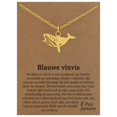 Stainless Steel Blauwe Vinvis Ketting op Cadeau Kaartje Goudkleurig - 45cm + 5cm Verstelbaar Roestvrij Staal - Schattige Cadeau Hanger - Pax Amare