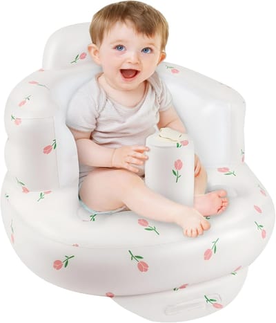Opblaasbare Babystoel, Babybank met Rugondersteuning voor Baby's vanaf 3 Maanden, Zomer Opblaasbare Babystoel om op te Zitten, Babyshowerstoel, Babystoel voor Buiten, Tulppatroon