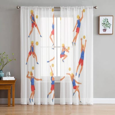 Mannelijke Volleybalspeler Spelend Met Bal Tule Gordijnen Voor Woonkamer Transparant Gordijn Slaapkamer Sluier Organza Decoratieve Draperieën 135W x 114H(cm) white