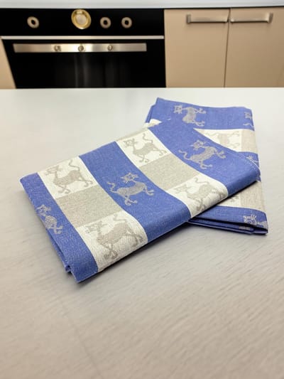 Set van 2: Gourmet theedoeken, keukenhanddoeken, linnen/katoen, handdoeken, 50 x 70 cm, halflinnen, stonewashed, jacquard of bedrukt (Jacquard handdoeken Katten Blauw)