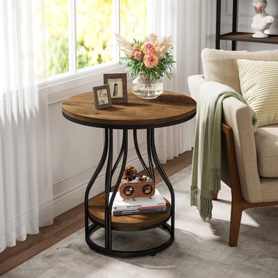 QUESTYR Ronde Bijzettafel – 2‑Laags – Bruin/Zwart – Moderne Houten Bijzettafel met Opbergplank – Nachtkastje & Banktafel