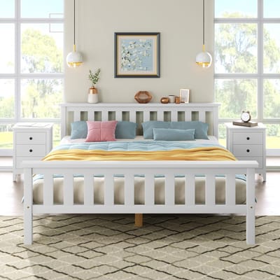 Wishdor Massief Houten Bed 140x200 cm - Scandinavisch Spijlen Design - Inclusief Lattenbodem - Twijfelaar - Wit