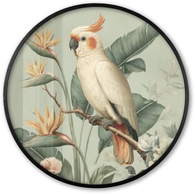 Poster in lijst Rond - Fotolijst 60x60 cm - Posters - Gele kuifkaketoe - paradijsvogelbloemen - Groen - Ronde posterlijst zwart - Decoratie - Wanddecoratie woonkamer - Muurdecoratie slaapkamer