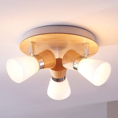 Lindby - plafondlamp hout - 3lichts - Glas, hout, metaal - H: 16 cm - E14 - wit, licht hout, chroom