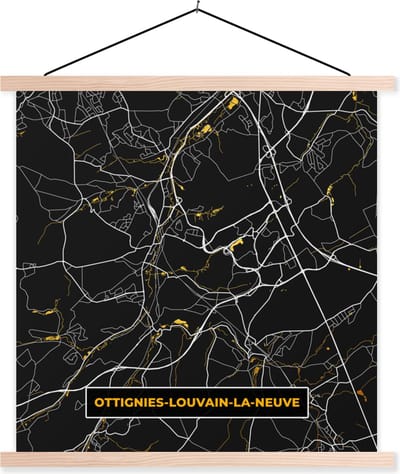 Posterhanger incl. Poster 40x40 cm - Schoolplaat - Ottignies-Louvain-La-Neuve - Goud - Stadskaart - Plattegrond - Kaart - Textielposter - Blanke latten - Stadskaart