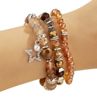 Licht koffie bruin zilverkleurig parel armband set dames 3 delige kralen armband met kristal kralen ster hanger elastische parel armband stapelbare sieraden set voor dagelijks gebruik en feestelijke gelegenheden