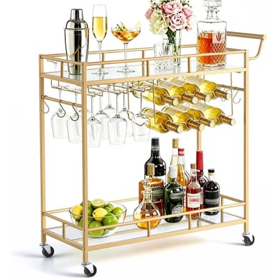 Chariot de Bar, 2 Niveaux Chariots de Service pour la Cuisine de la Maison, Station Utilitaire Moderne à Roulettes, Chariot à Boissons avec Étagères en Verre Miroir, Porte-Bouteilles de Vin,
