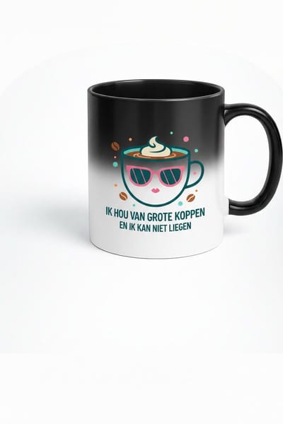 Magische Koffiemok met "Ik hou van grote koppen" Design - Zwart