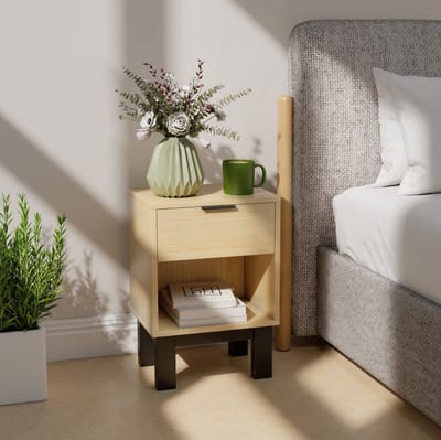 Bedtafel Met Lade En Open Vak - Compact Nachtkastje Voor Slaapkamer En Woonkamer - Hout - Eiken - 35 x 26 x 50 Cm - Verhoogde Voet