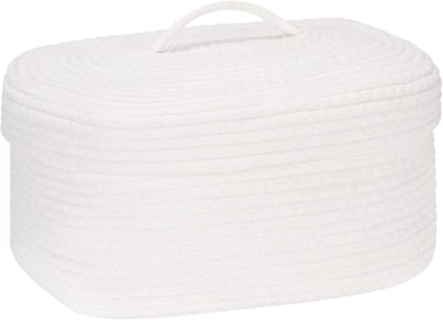Team Ovale katoenen touw opbergmand met deksel, geweven opbergbak met deksel, opbergdoos voor kinderkamer, luiercaddy, babyshowermand, doos, organizer, 35 x 28 x 18 x 16 cm (medium, wit)