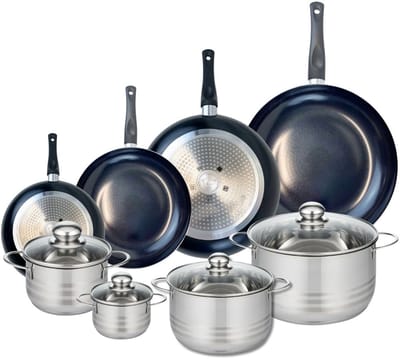 Set van 4 Koekenpannen 20, 24, 28 en 32 cm en 4 kookpotten 12, 16, 20 en 24 cm Elo Prima Brillant