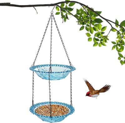 Hangend Vogelbad & Voederplateau - 2-in-1 Vogelvoeder Tray voor Wilde Vogels - Tuinaccessoire voor Achtertuin Vogels Lokken - Blauw - 1 Set
