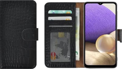 Hoesje Echt Leer Geschikt voor Samsung Galaxy A16 - Bookcase - Samsung A16 Wallet Book Case Echt Leer Croco Zwart Cover