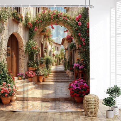 Vintage Italiaans Straat Douchegordijn Boog Architectuur Bloemen Plant Landschap Stof Huis Badkamer Decor Badgordijnen Met Haken 180x200cm-70x78in