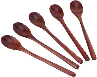 Allecto - Houten lepel - Herbruikbare lepels - Lange handgreep - Grote kleur - Japanse lepel - Perfect voor picknick en kantoor - Set van 5