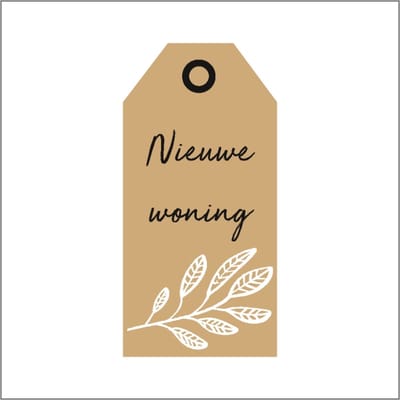 Cadeaukaartje - "Nieuwe Woning" - Bloemenkaartje - Bloemenlabel - Bruin Kraft - 10 x 5 cm - 20 stuks - Met Boorgaatje