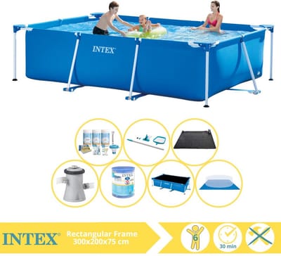 Intex Rechthoekig Frame Zwembad - 300 x 200 x 75 cm - Blauw - Inclusief Solarzeil - Onderhoudspakket - Zwembadfilterpomp - Filter - Grondzeil - Schoonmaakset - Solar Mat - 8-delig