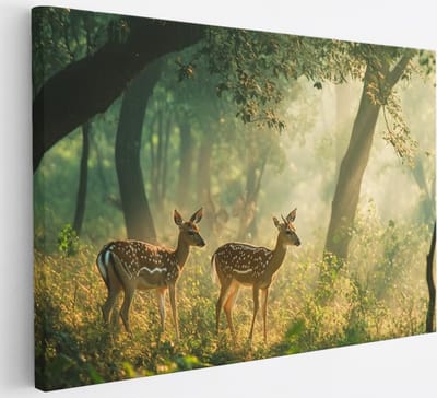 Saammp Canvas Schilderij - 2 Hertjes in het bos - Landschap - Natuur - 30x20 - Foto op canvas - Wanddecoratie - Muurdecoratie Woonkamer - Slaapkamer decoratie - Canvas Print